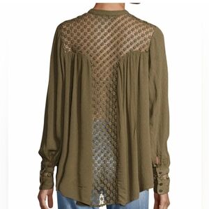 Free People The Best Button Front Crochet Lace Blouse Olive Green M Boho Core